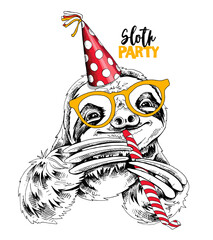 Adorable smiling Sloth in a yellow  glasses, red polka dot party hat, and with a whistle blowing. Happy birthday humor card, t-shirt composition, hand drawn style print. Vector illustration.