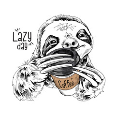 Cute smiling sloth with a plastic cup of coffee. Humor card, t-shirt composition, hand drawn style print. Vector illustration. © Afishka