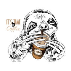 Cute smiling sloth with a plastic cup of coffee. Humor card, t-shirt composition, hand drawn style print. Vector illustration.