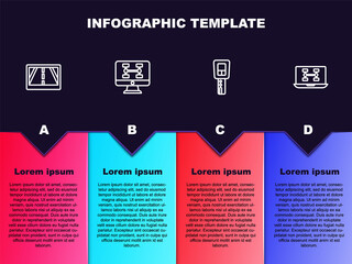 Set line Gps device with map, Diagnostics condition of car, Car key remote and . Business infographic template. Vector.