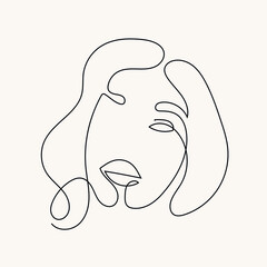 One line beauty woman portrait. Hand drawn linear abstract face