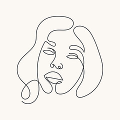 One line beauty woman portrait. Hand drawn linear abstract face