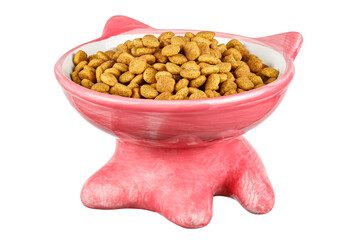 Red ceramic bowl with dry cat food isolated on white background