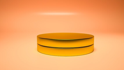 golden round three-dimensional podium. empty display area on a light orange background. 3d render illustration
