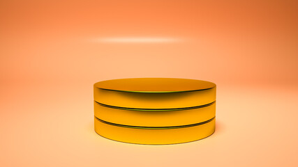 golden round three-dimensional podium. empty display area on a light orange background. 3d render illustration