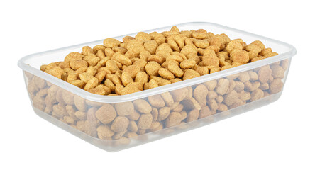 Open transparent plastic container with dry cat food inside isolated on white background