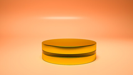 golden round three-dimensional podium. empty display area on a light orange background. 3d render illustration