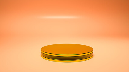 golden round three-dimensional podium. empty display area on a light orange background. 3d render illustration