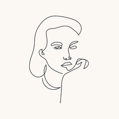 One line beauty woman portrait. Hand drawn linear abstract face