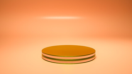golden round three-dimensional podium. empty display area on a light orange background. 3d render illustration