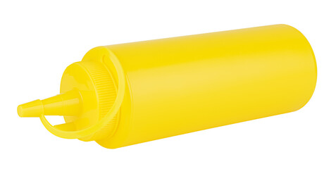 Lying yellow plastic bottle with dispenser for mustard sauce isolated on white background