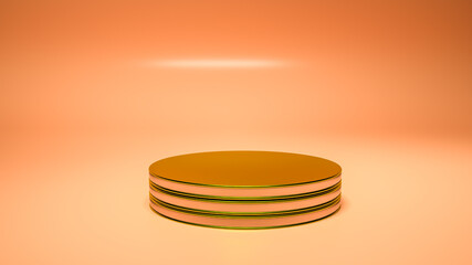 golden round three-dimensional podium. empty display area on a light orange background. 3d render illustration