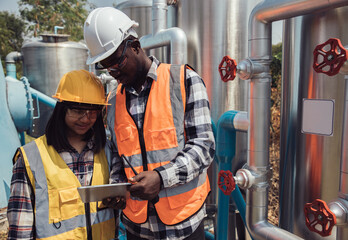 Africa American worker with assistant wearing safety goggles check condition of crude oil...