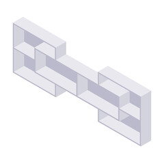 Bookshelf isometric - case and shelf for books for home and store interior design. Empty gray wooden furniture for home and shop storage in vector illustration.