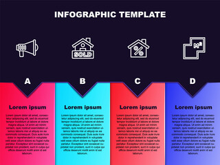 Set line Megaphone, Hanging sign with text Sold, House percant discount and plan. Business infographic template. Vector.