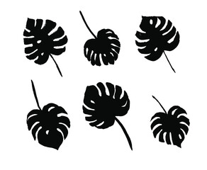 Paint drawing set of black palm leaves on white background. Hand drawn abstract illustration grunge elements. Vector abstract tropical objects for design use