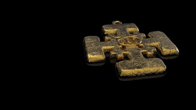 Gold Jerusalem Cross Textured with Jesus monogram IHS on Black Background. The Monogram is a latin phrase "Iesus Hominum Salvator". 3D Animation..