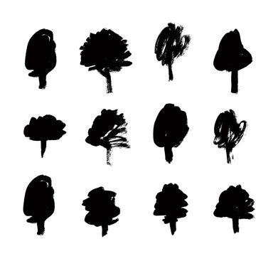 Paint drawing set of black trees on white background. Hand drawn abstract illustration grunge elements. Vector abstract forest objects for design use