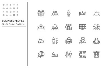 set of business people thin line icons, meeting, team, mangement, human resource