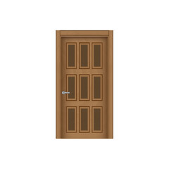 Frontal image of a closed brown door, isolated on white background.
