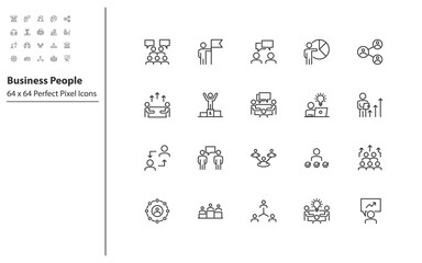 set of business people thin line icons, meeting, team, mangement, human resource