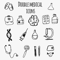 Vector hand drawn set of medical icons