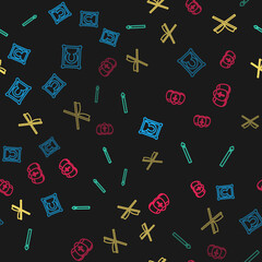 Set line Christian icon, Burning candle, Holy book of Koran and Easter egg on seamless pattern. Vector.