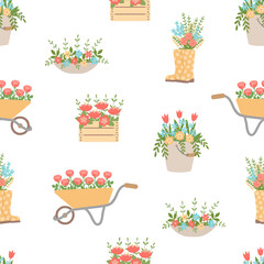 Seamless pattern with bouquets. Flowers in a bucket, in boots, in a wheelbarrow. A symbol of gardening, spring, and summer. Vector illustration.