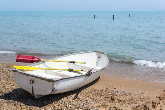 Row boat on the shores of Lake Michigan