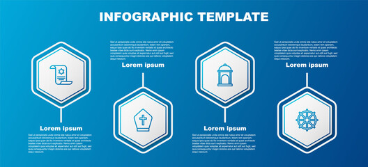 Set line Torah scroll, Pope hat, Muslim Mosque and Dharma wheel. Business infographic template. Vector.