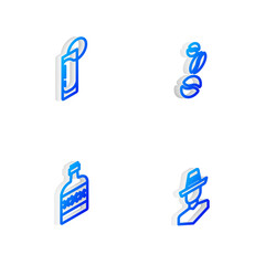 Set Isometric line Coffee beans, Tequila glass with lemon, bottle and Mexican man sombrero icon. Vector.