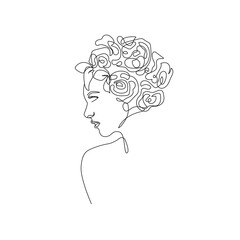 Woman Head with Flower One Line Art Drawing. Minimalist Trendy Contemporary Design Perfect for Wall Art, Prints, Social Media, Posters, Invitations, Branding Design. Vector Illustration