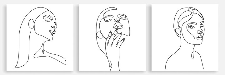 Abstract Faces One Line Drawing Set. Creative Contemporary Abstract Line Drawing. Modern Abstract Faces. Vector Minimalist Design for Wall Art, Print, Card, Poster.