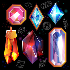 Gems. Various shapes, colors on a black background. Shining geometric shapes. Emerald. Diamond. Natural stones. Can be used for jewelry presentation, game, banner, poster or website. Vector.