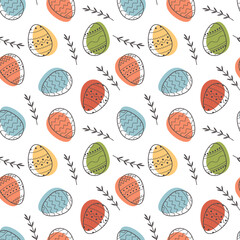 Seamless vector pattern of decorated Easter eggs and abstract floral elements on white background. Festive trendy outlined geometric pastel patterns with black line. Flat holiday design.