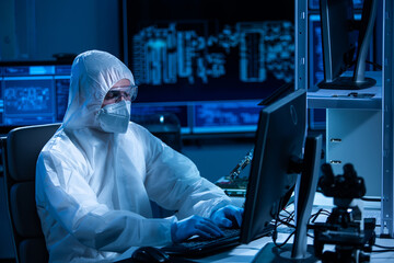 Microelectronics engineer works in a modern scientific laboratory on computing systems and microprocessors. Electronic factory worker is testing the motherboard and coding the firmware.