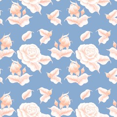 The pattern is seamless on a blue background of roses, leaves, buds drawn with peach colored hatching