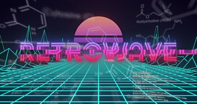 Animation of retrowave text over grid graphs and statistics and digital terrain
