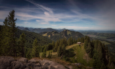 Panorama Ausblick von der Alpspitz in Nesselwang auf die Bergwelt in den Allgäuer Alpen