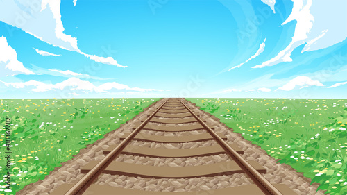 まっすぐな線路と草原の風景 春 背景イラスト 16 9 Background Canvas Print Backgrou ふわぷか