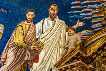 Naklejka premium Detail of colorful religious wall painting showing two men and a baby angel