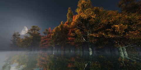 Autumn, autumn forest over water, autumn park in the fog, main trees under the moon ,, 3d rendering