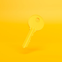 One single yellow key on flat bright yellow background. Minimalism concept. 3d render illustration