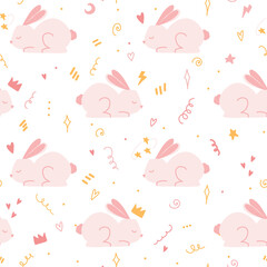 Seamless pattern with cute pink rabbit. Seamless design for baby clothes or nursery wallpaper