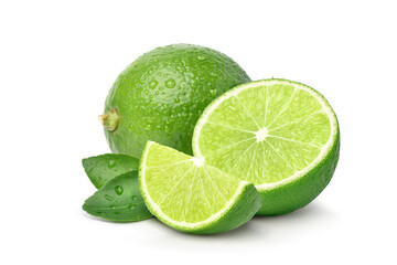 Green lime with cut in half and slices isolated on white background. © Paitoon