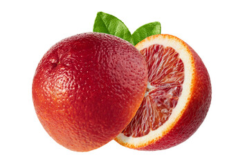 Sicilian orange fruit halves with leaves isolated on white background
