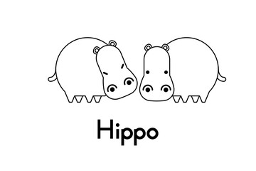 Outlined cute cartoon hippopotamus couple. Vector illustration.