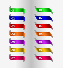 Colorful ribbon set, 7 colors green, blue, red, orange, violet, yellow, pink. Vector design elements