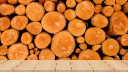 blurred wall of wood stump and wood floor for product display