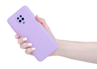 Pink cover phone case in hand on white background isolation